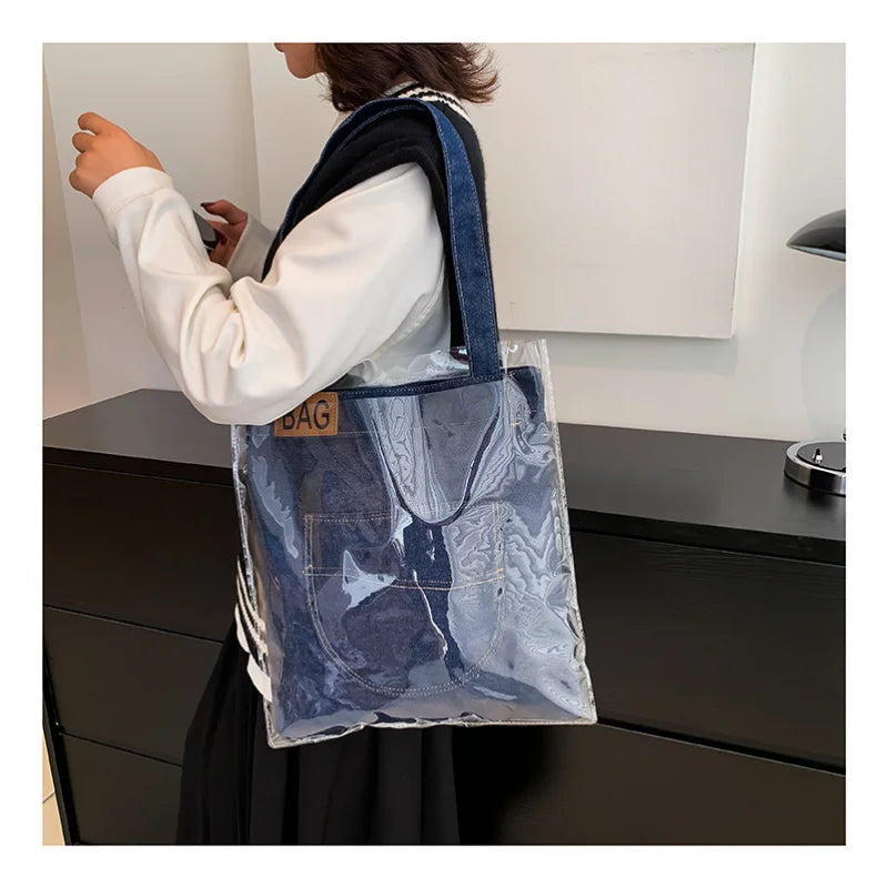 Casual Denim Shoulder Tote Bags For Women Large Capacity Transparent Waterproof