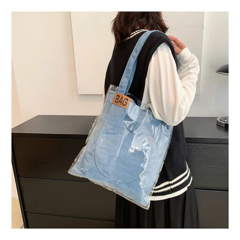 Casual Denim Shoulder Tote Bags For Women Large Capacity Transparent Waterproof