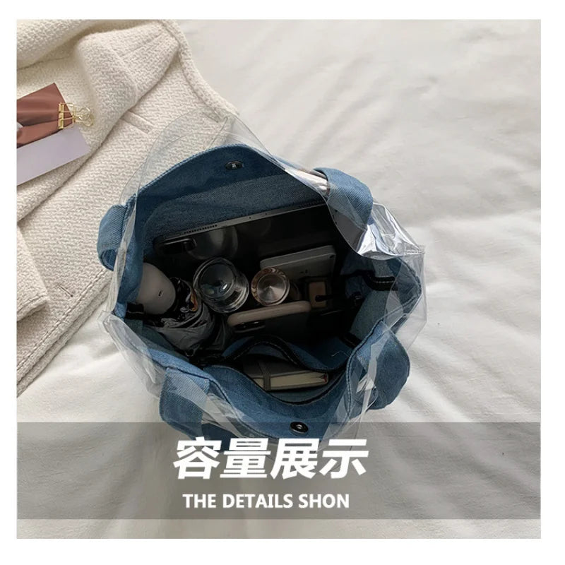 Casual Denim Shoulder Tote Bags For Women Large Capacity Transparent Waterproof