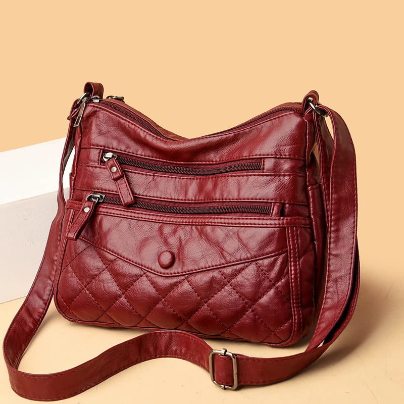 Casual Double Zipper Crossbody Bags Soft PU Leather Shoulder Bags