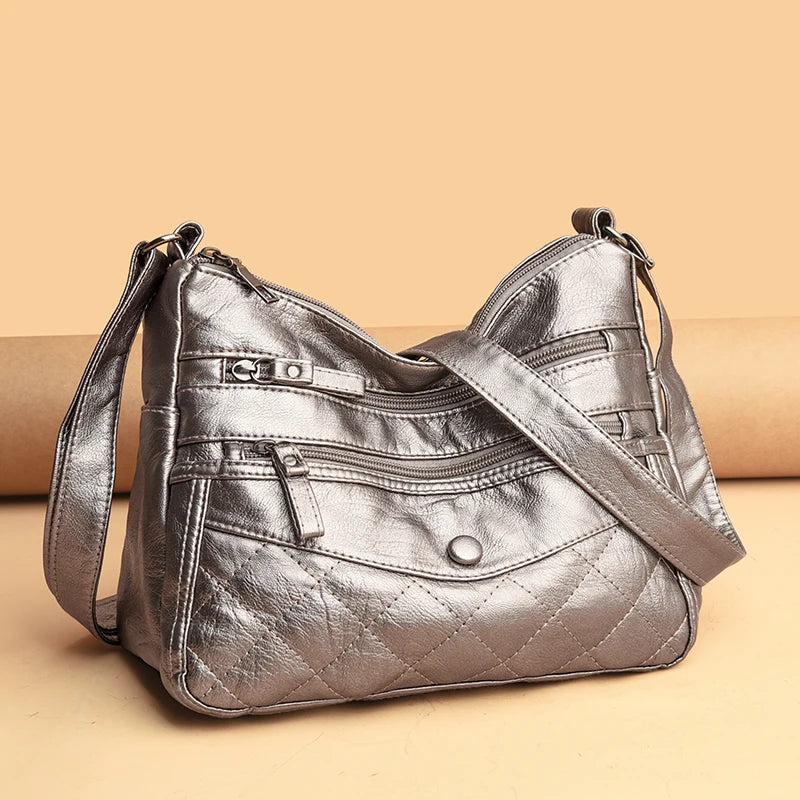 Casual Double Zipper Crossbody Bags Soft PU Leather Shoulder Bags