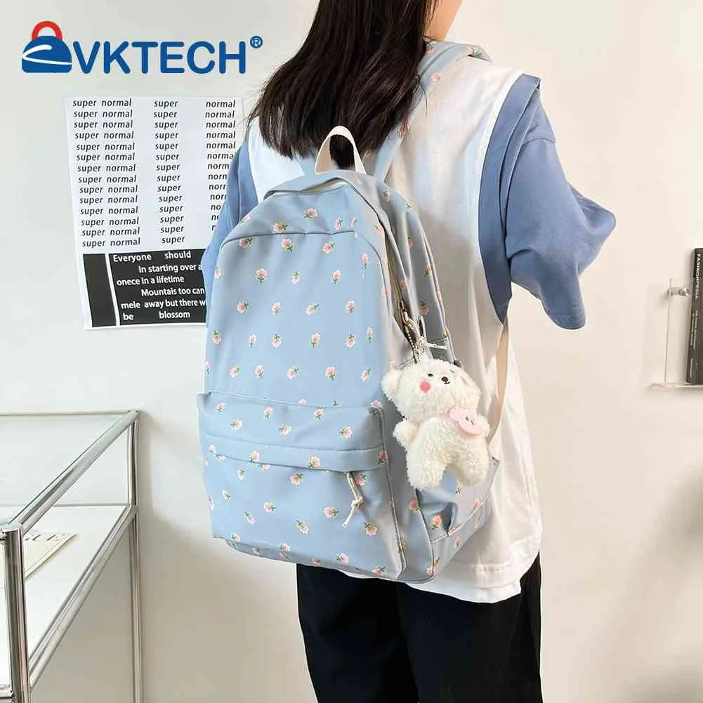 Casual Floral Print Backpack Large Capacity Nylon School Bags College Schoolbag