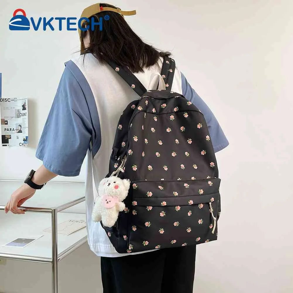 Casual Floral Print Backpack Large Capacity Nylon School Bags College Schoolbag