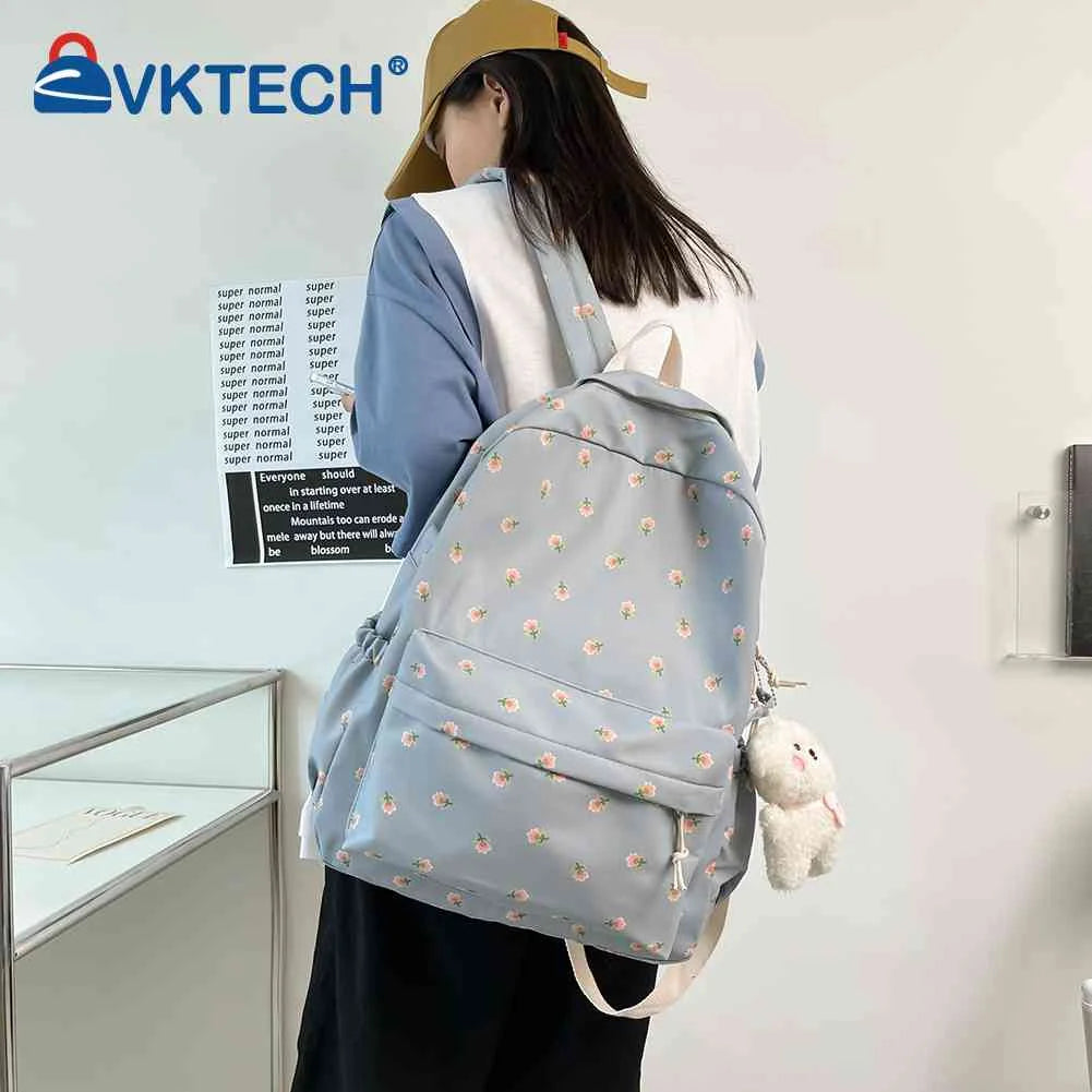 Casual Floral Print Backpack Large Capacity Nylon School Bags College Schoolbag