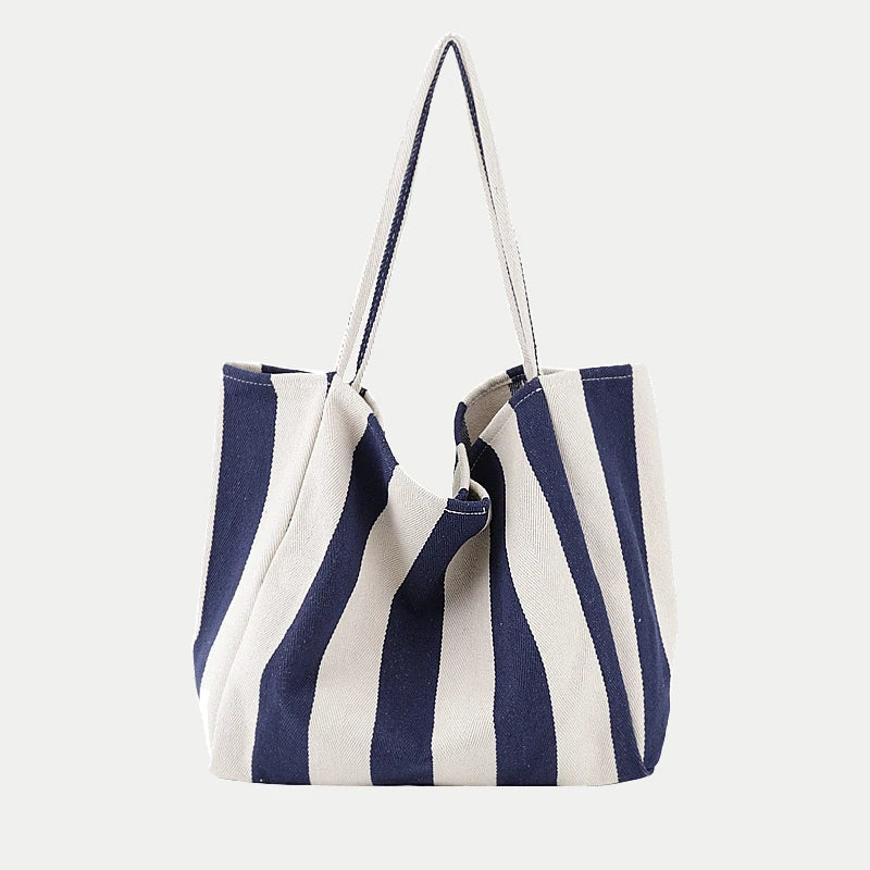 Casual Striped Canvas Handbag Totes Large Capacity Shoulder Bags for Women