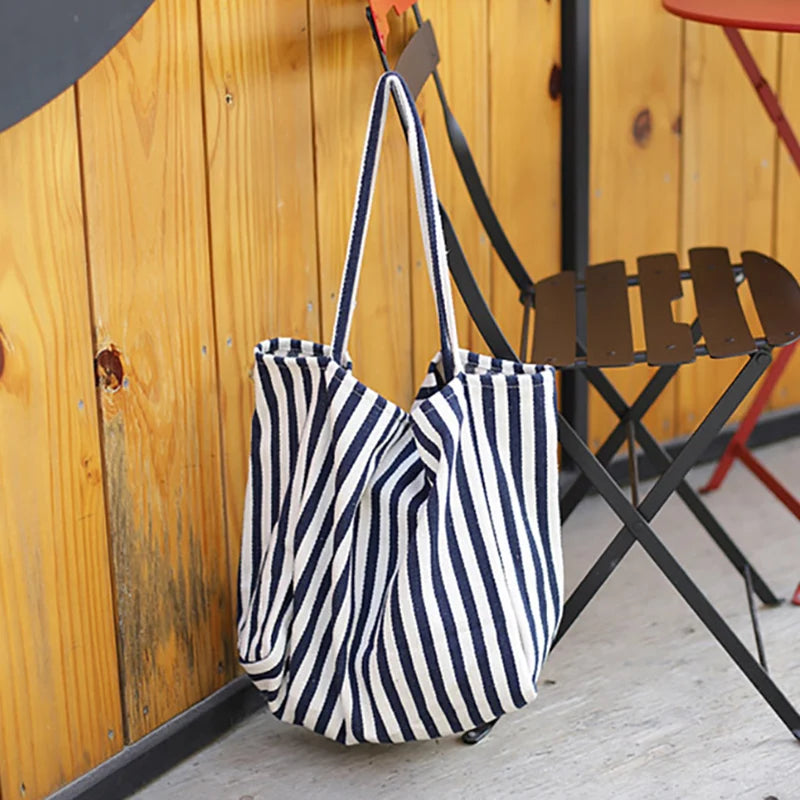 Casual Striped Canvas Handbag Totes Large Capacity Shoulder Bags for Women