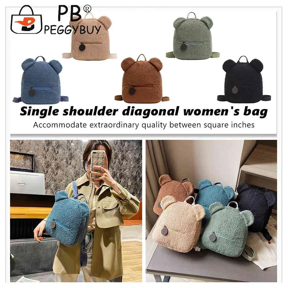 Fleece Bear Shoulder Bag Women Backpack Handbag School Travel Rucksack
