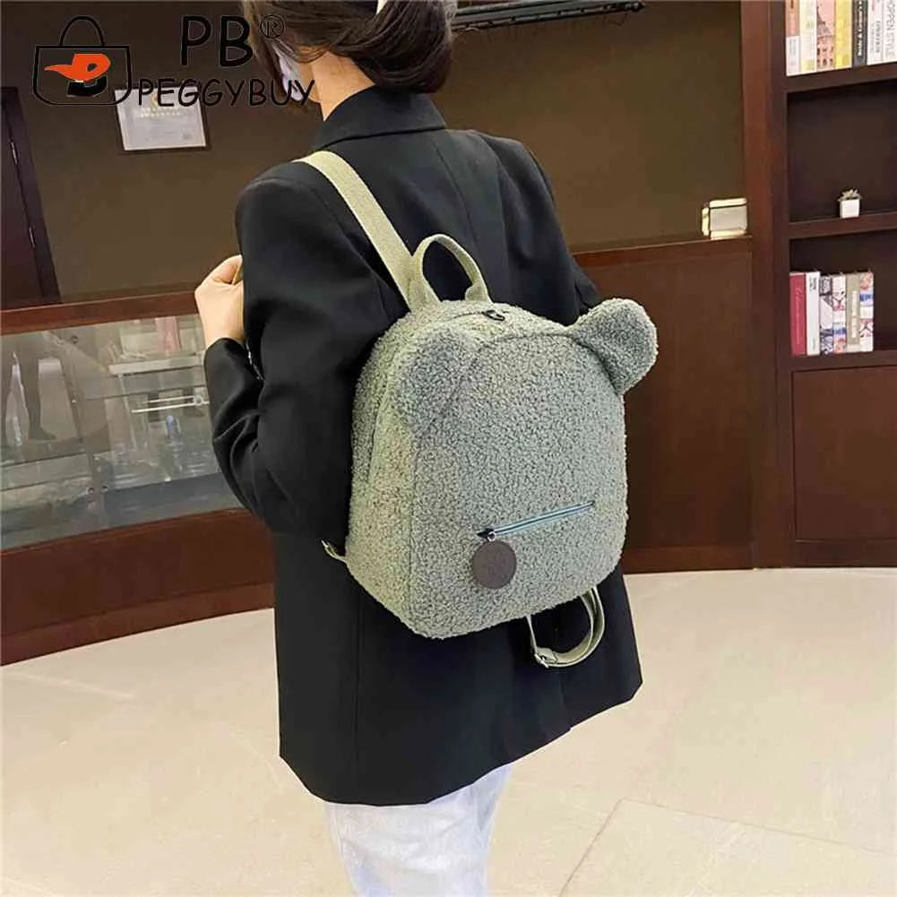 Fleece Bear Shoulder Bag Women Backpack Handbag School Travel Rucksack