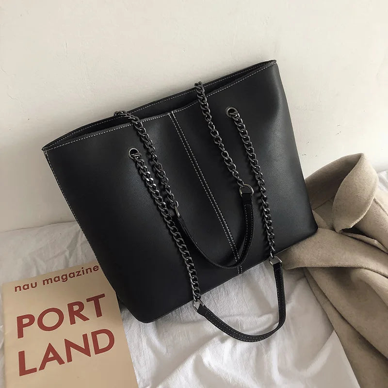 Casual Leather Shoulder Bag Chain Bucket Tote Large Capacity Shopper