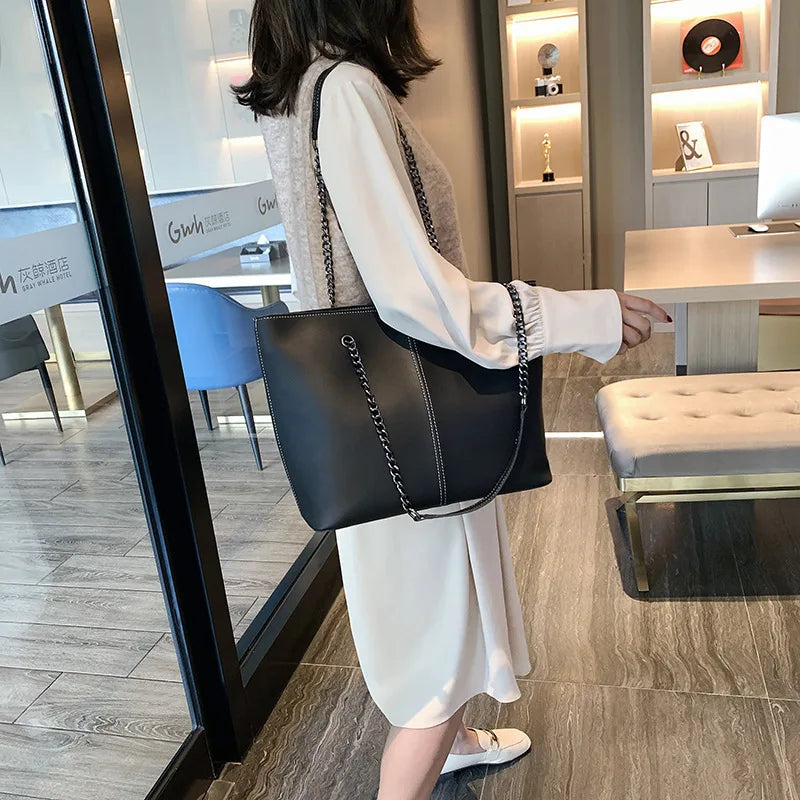 Casual Leather Shoulder Bag Chain Bucket Tote Large Capacity Shopper