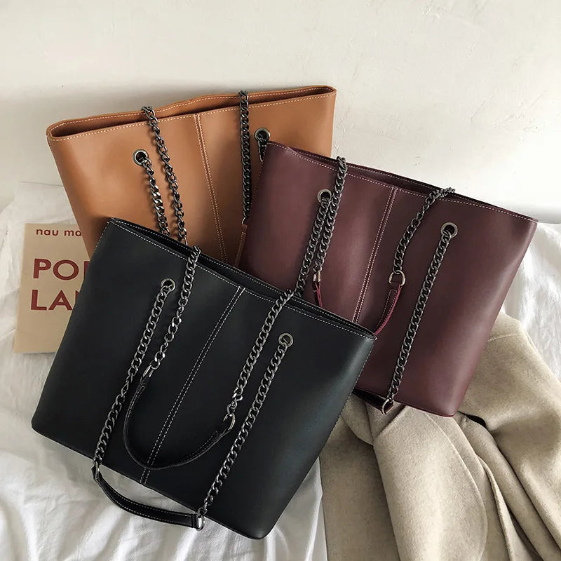 Casual Leather Shoulder Bag Chain Bucket Tote Large Capacity Shopper