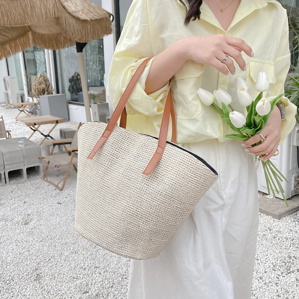 Casual Straw Handbags Woven Women Shoulder Bags Summer Beach Totes