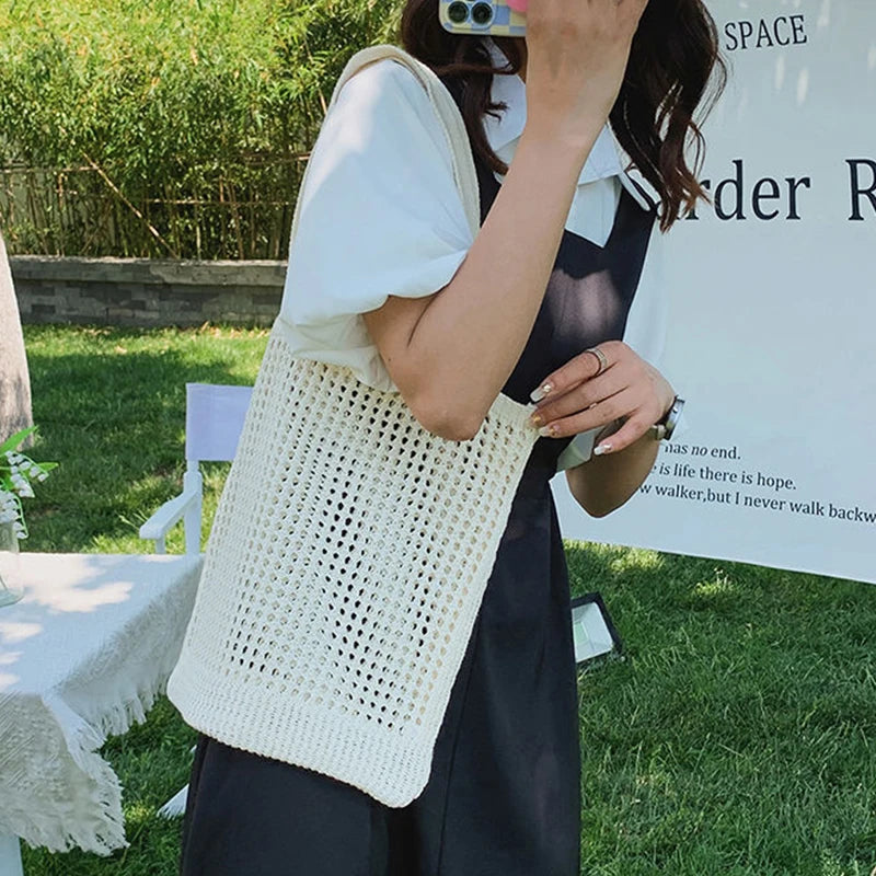 Casual Hollow Knitted Shoulder Bag Summer Mesh Tote Bag