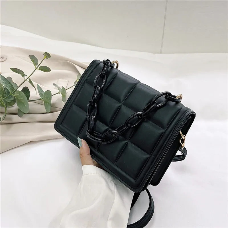 Casual Mini Handbag Flap Purse Checkered PU Leather Solid Crossbody Bag