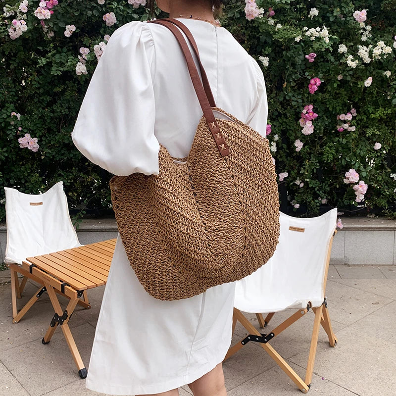 Casual Large Straw Tote Bag Woven Women Shoulder Bags Summer Beach Handbag