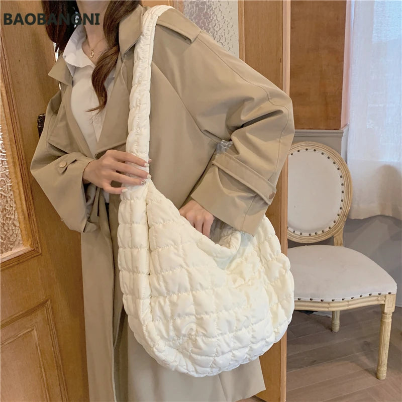 Casual Ruched Nylon Handbag Quilted Tote Shoulder Bag