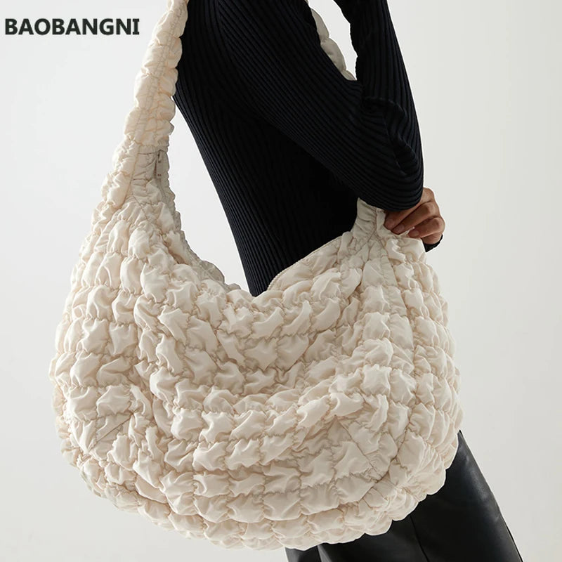 Casual Ruched Nylon Handbag Quilted Tote Shoulder Bag