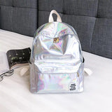Casual Laser Backpack Bag PVC Shoulder Student School Backpack Silver Hologram