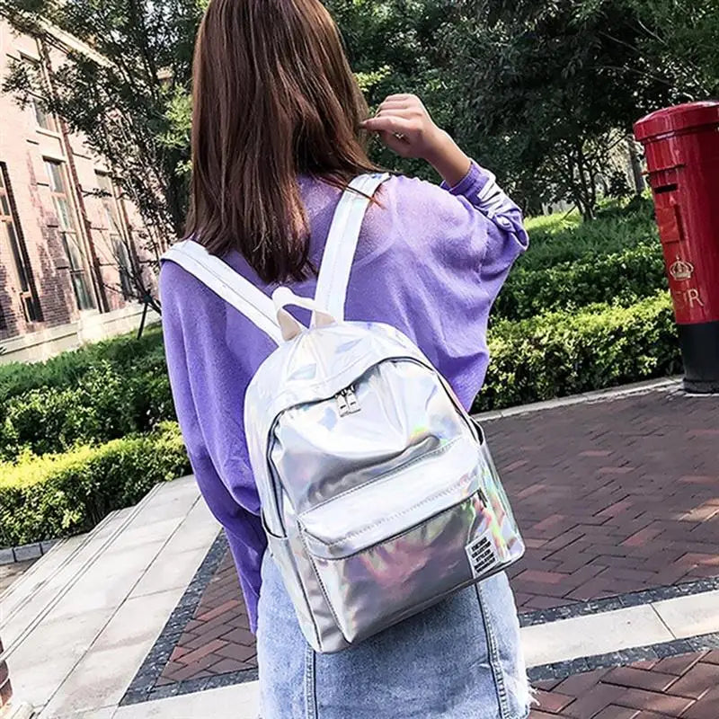 Casual Laser Backpack Bag PVC Shoulder Student School Backpack Silver Hologram