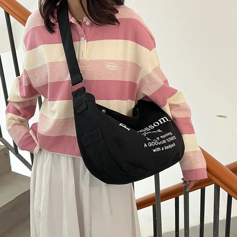 Casual Letter Canvas Shoulder Bag Women Large Capacity Travel Tote Bag