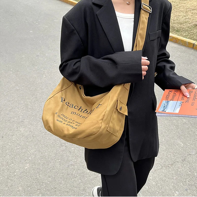 Casual Letter Canvas Shoulder Bag Women Large Capacity Travel Tote Bag