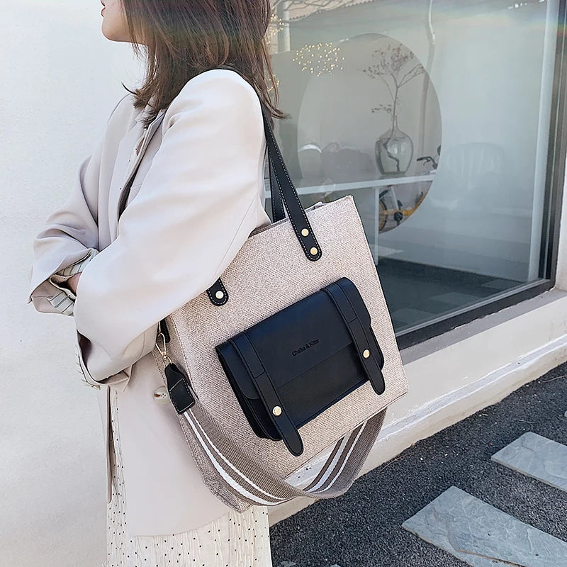 Casual Linen Shoulder Bag Wide Strap Handbag Big Tote