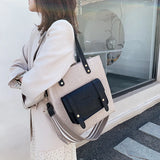 Casual Linen Shoulder Bag Wide Strap Handbag Big Tote
