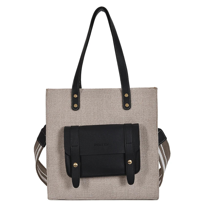 Casual Linen Shoulder Bag Wide Strap Handbag Big Tote