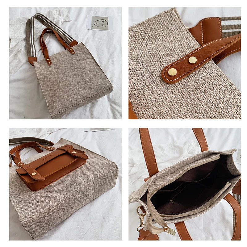 Casual Linen Shoulder Bag Wide Strap Handbag Big Tote