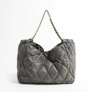 Casual Lingge Quilted Shoulder Bag Chains Padded Lady Handbags Nylon Tote Big Pu
