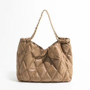 Casual Lingge Quilted Shoulder Bag Chains Padded Lady Handbags Nylon Tote Big Pu