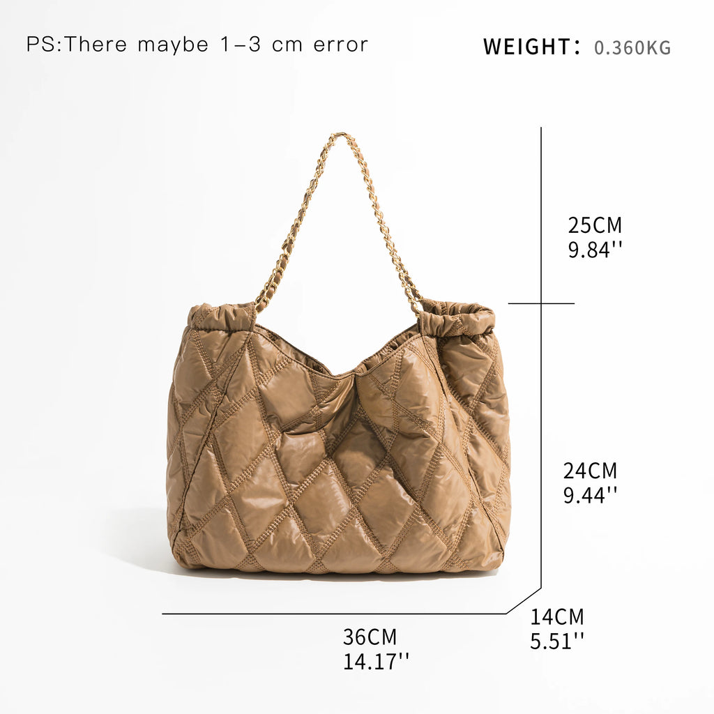 Casual Lingge Quilted Shoulder Bag Chains Padded Lady Handbags Nylon Tote Big Pu