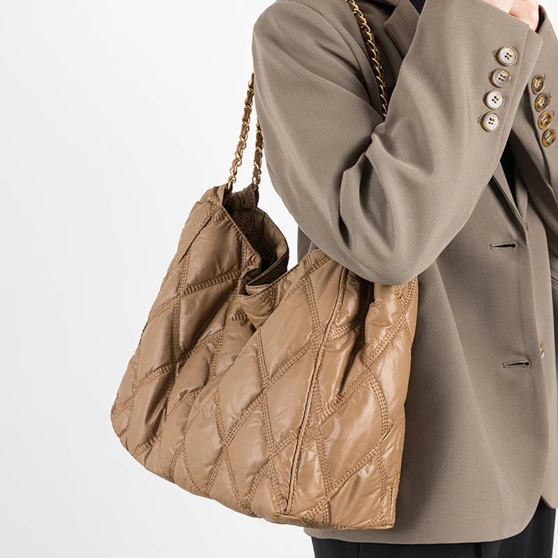 Casual Lingge Quilted Shoulder Bag Chains Padded Lady Handbags Nylon Tote Big Pu