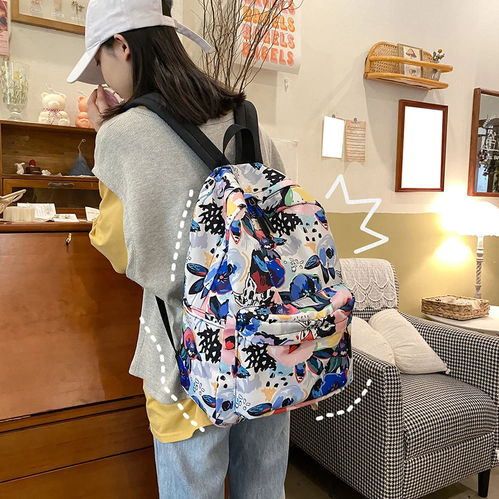 Casual Nylon Graffiti Printing Backpack Women Large Capacity Backpack