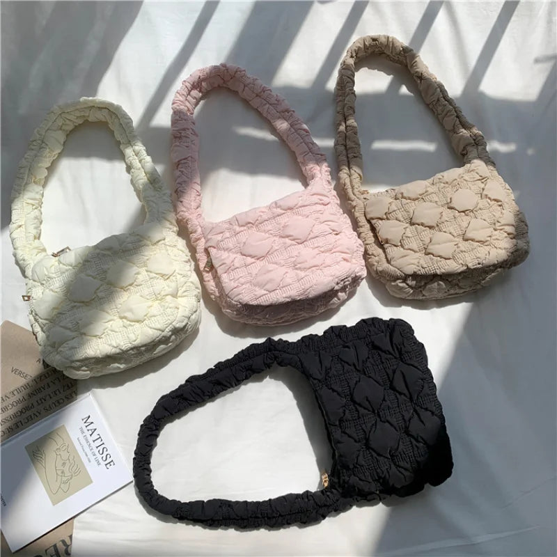 Casual Nylon Quilted Women Shoulder Bags Ruched Crossbody Bag Small Tote