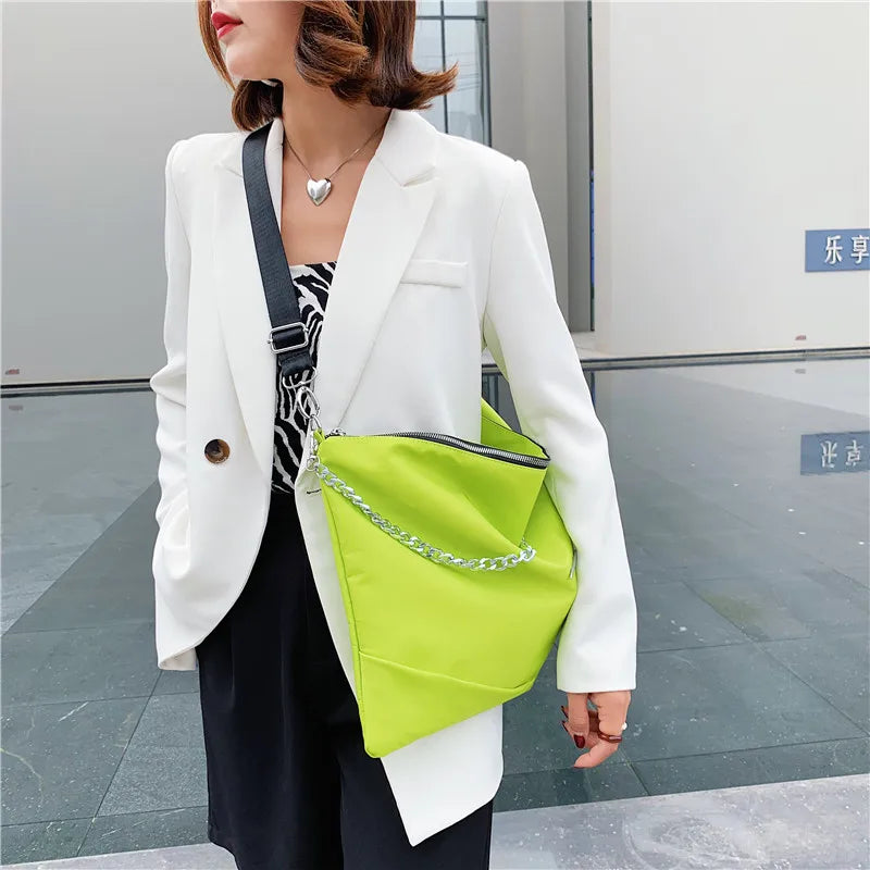 Casual Nylon Tote Bag for Women Large Capacity Shoulder Bag Metal Chain Handbag