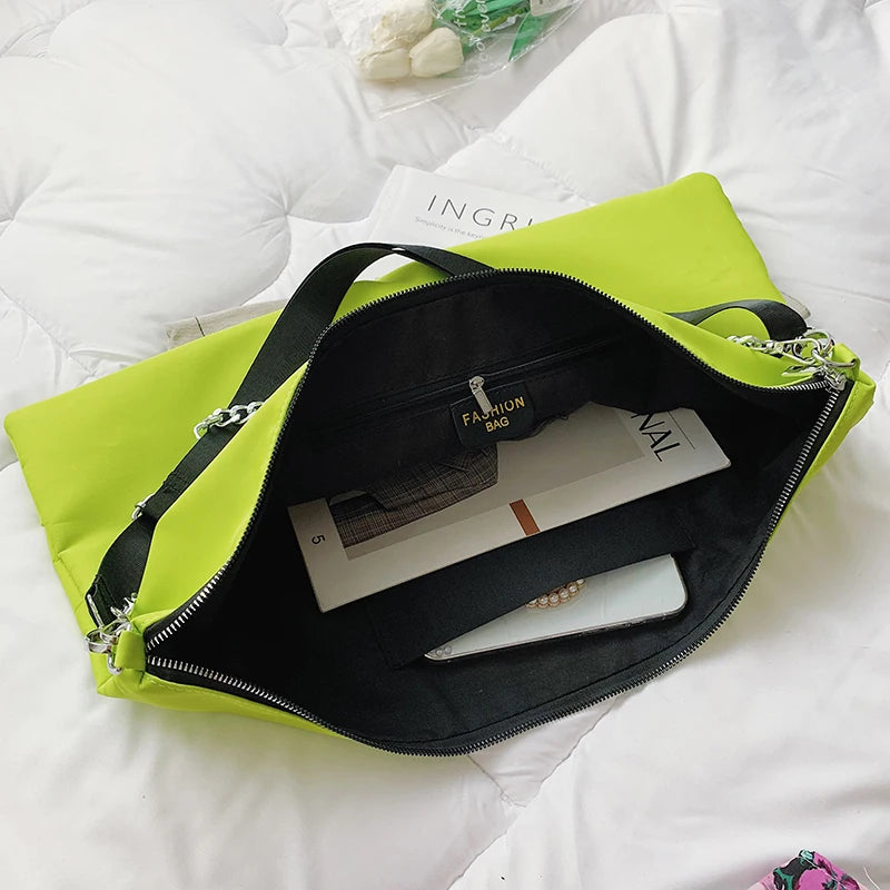 Casual Nylon Tote Bag for Women Large Capacity Shoulder Bag Metal Chain Handbag