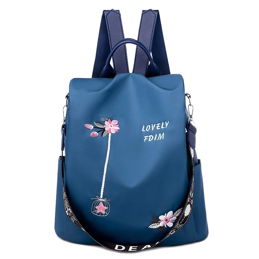 Casual Oxford Cloth Backpack Flower Embroidered Shoulder School Book Bag