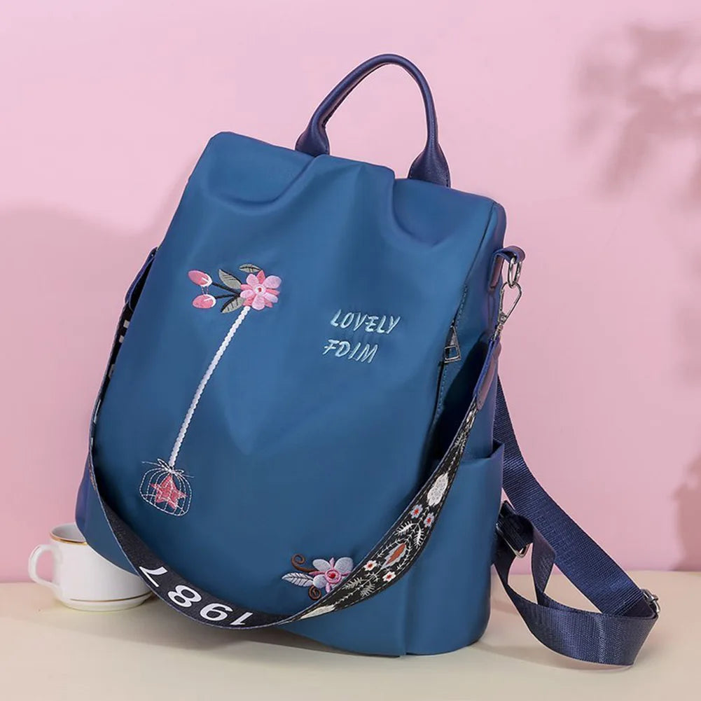 Casual Oxford Cloth Backpack Flower Embroidered Shoulder School Book Bag