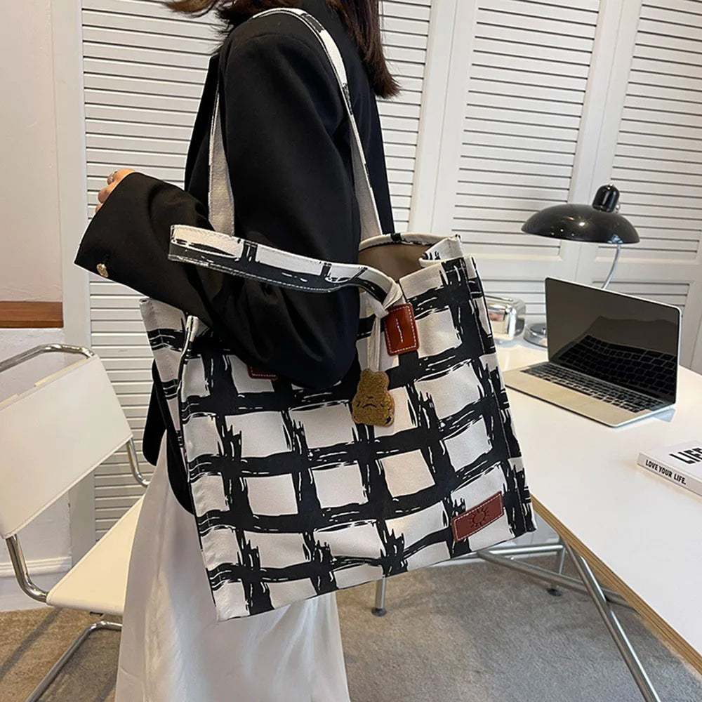 Casual Plaid Canvas Women Shoulder Bags Large Capacity Tote