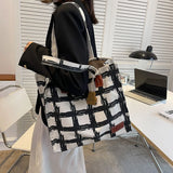 Casual Plaid Canvas Women Shoulder Bags Large Capacity Tote