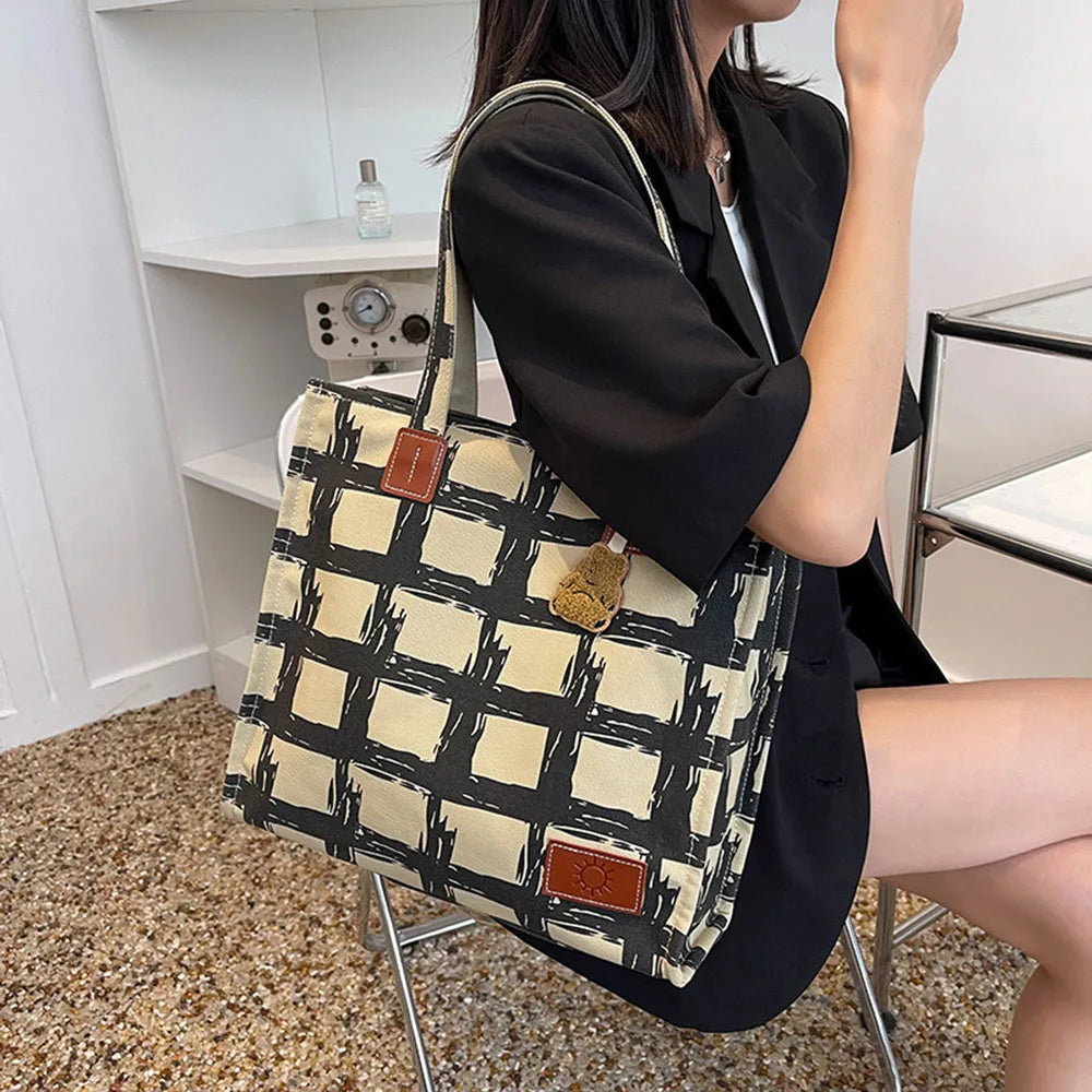 Casual Plaid Canvas Women Shoulder Bags Large Capacity Tote