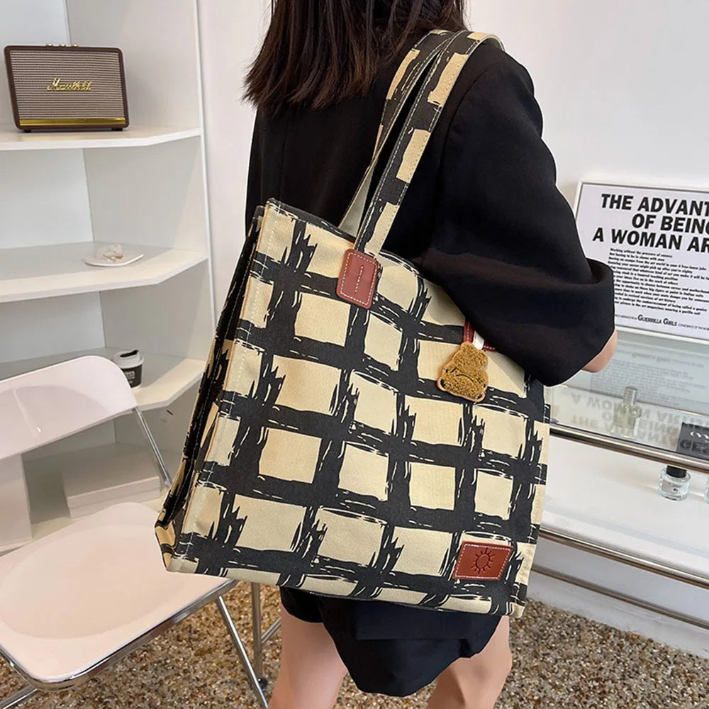 Casual Plaid Canvas Women Shoulder Bags Large Capacity Tote