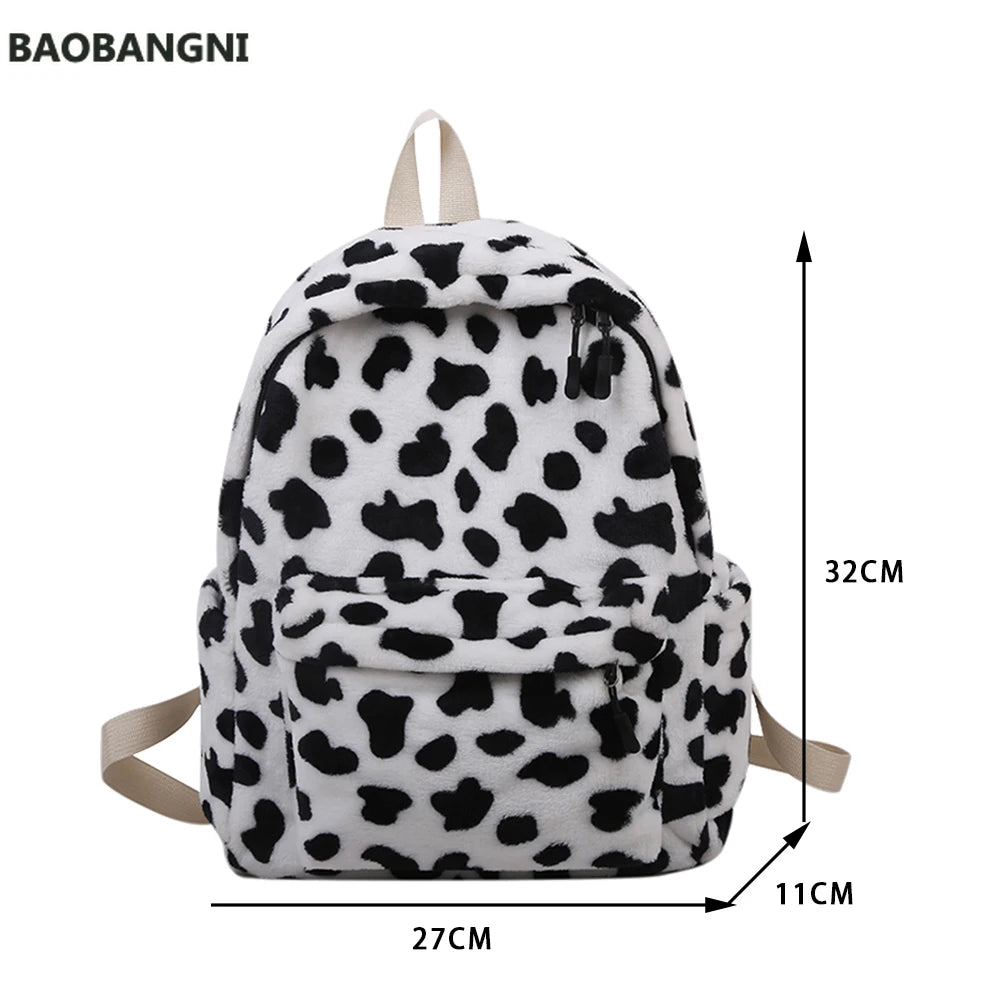 Casual Plush Backpack School Shoulder Bag Women Animal Cow Pattern Travel Rucksa