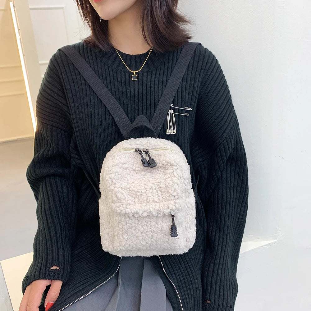 Casual Plush Women Small Backpack Solid Female Autumn Winter Mini Children Schoo