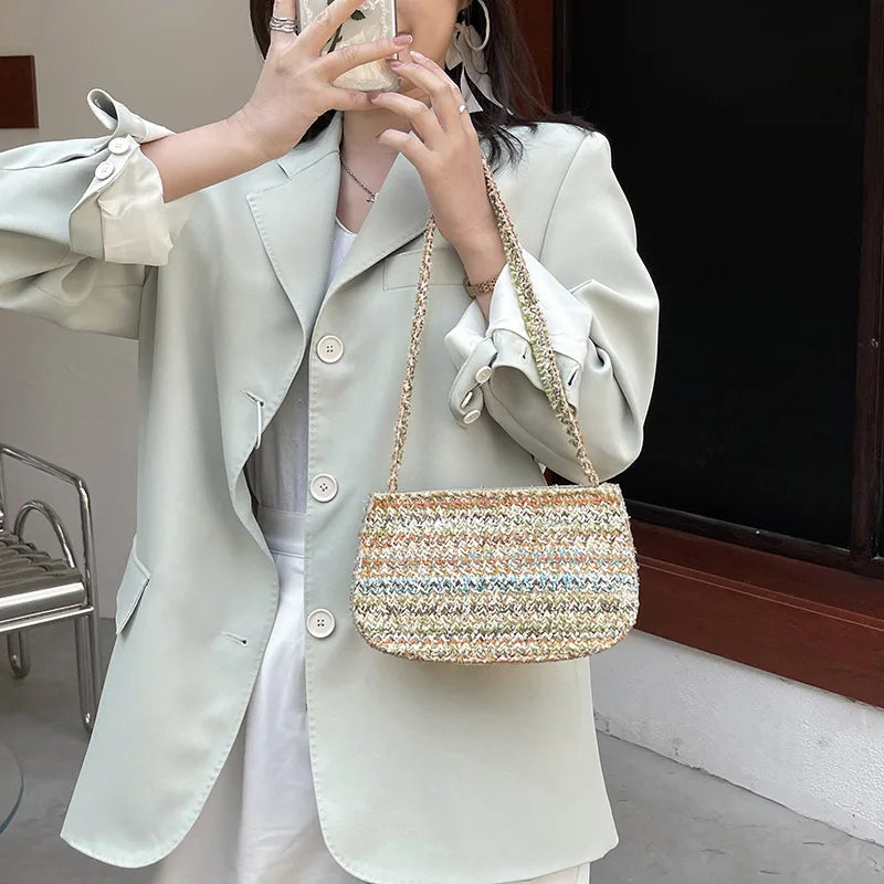 Casual Woven Shoulder Handbag Purse Retro Beach Vacation Bag