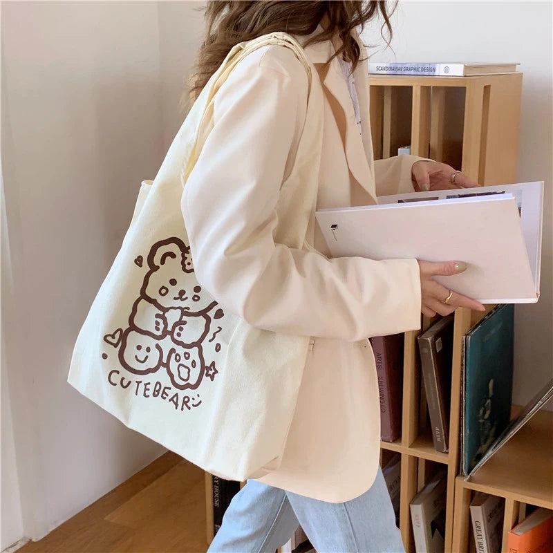 Casual Cartoon Print Canvas Shoulder Bag Women Large Capacity Tote Bag