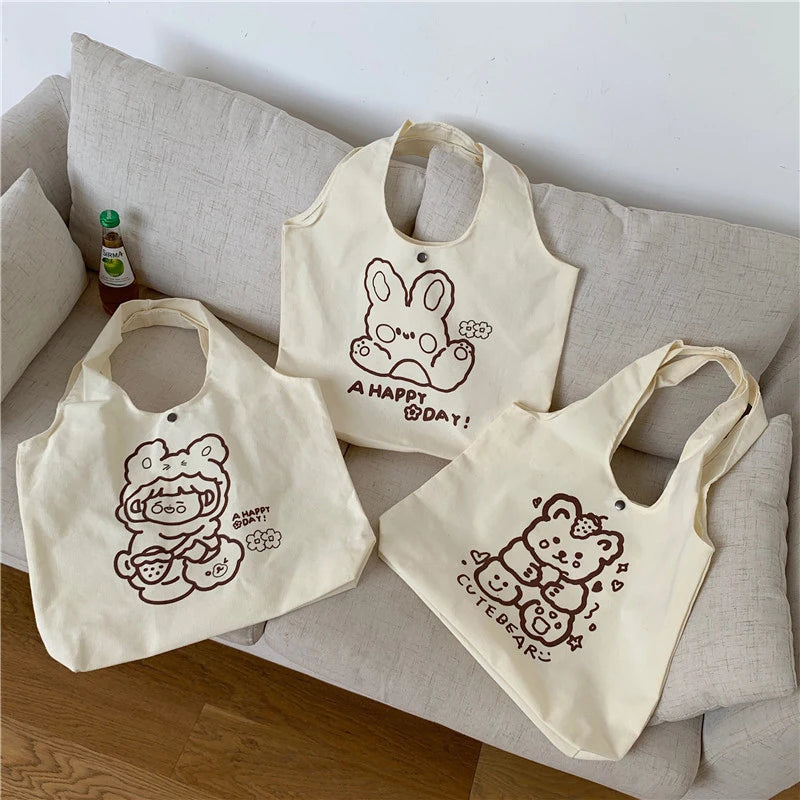 Casual Cartoon Print Canvas Shoulder Bag Women Large Capacity Tote Bag