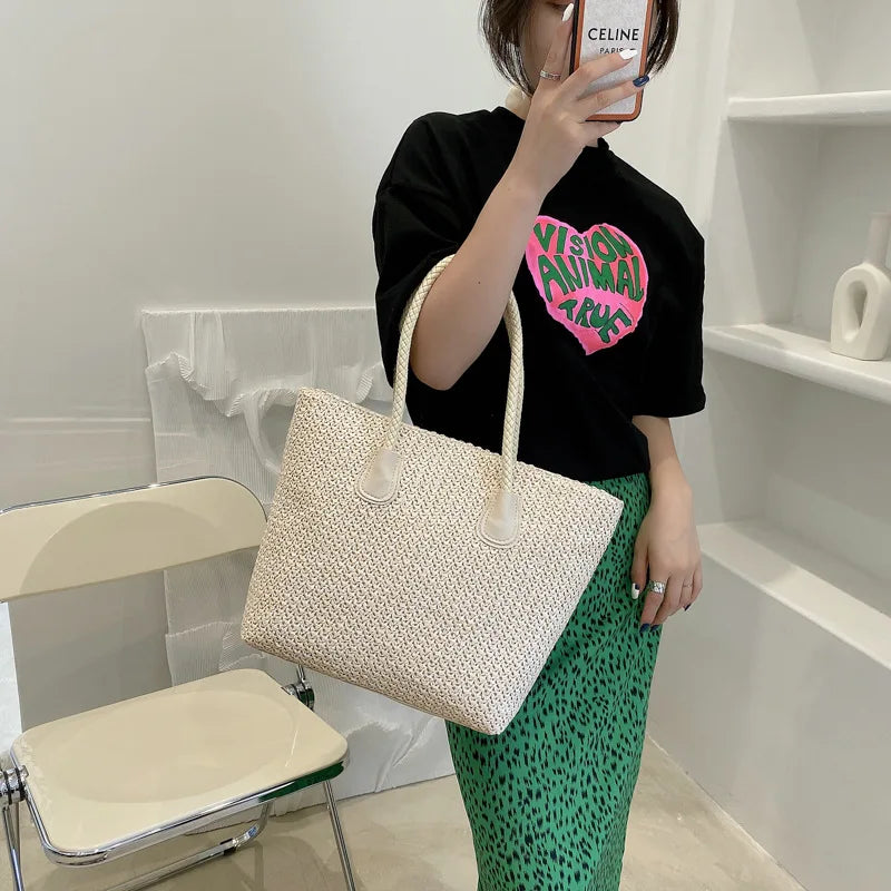 Casual Straw Shoulder Bag for Women Big Capacity Basket Beach Holiday Style