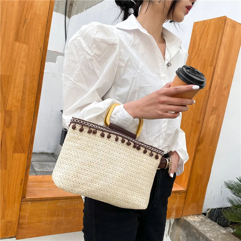 Casual Straw Woven Hand Carrying Flap Striped Summer Beach PP Straw Bag